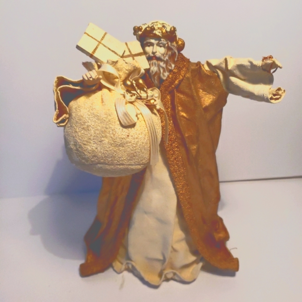 Old World Santa tree topper fabric mache gold and cream with bag of gifts